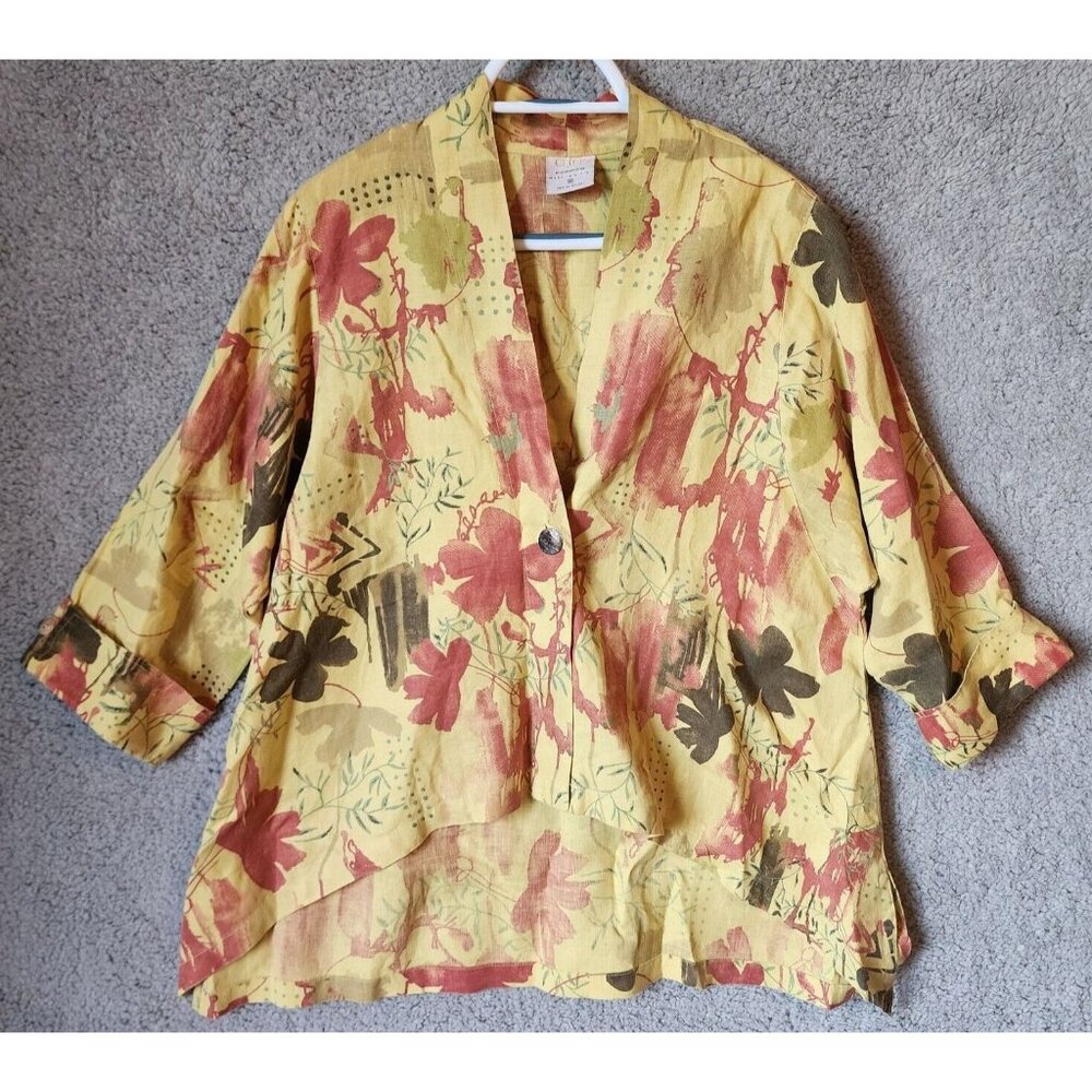 Click‎ by Color Me Cotton Hi Low Jacket Top Yellow Floral 100% Linen Lagenlook M